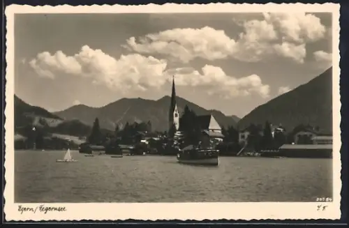 AK Egern /Tegernsee, Seepromenade, Kirche, Schifffahrt