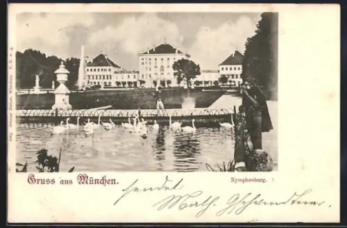 AK München, Nymphenburg, Schloss und Park mit Schwänen