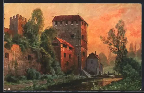 Künstler-AK München, Jungfernturm, Stadtmauer, Wassergraben