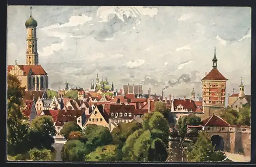 Künstler-AK Augsburg, St. Ulrichskirche, Rotes Tor, Stadtansicht