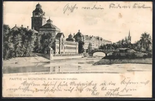AK München, Müller`sches Volksbad, Brücke, Isar