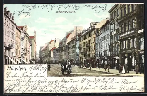 AK München, Neuhauserstrasse, Strassenansicht, Geschäftshaus Hermann Scherrer