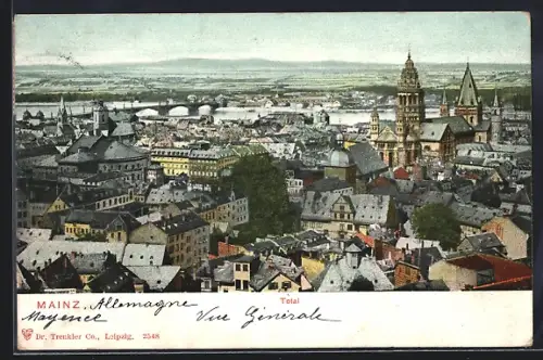 AK Mainz, Totalansicht mit Dom und Rheinbrücke