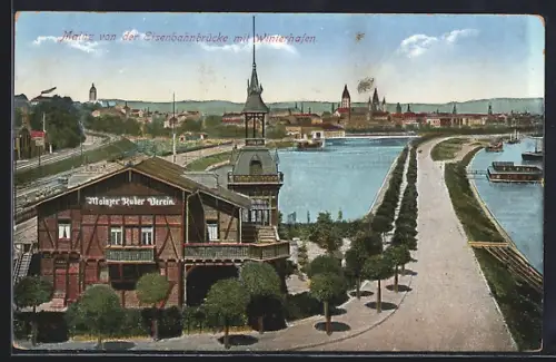 AK Mainz, Eisenbahnbrücke, Winterhafen, Mainzer Ruder-Verein