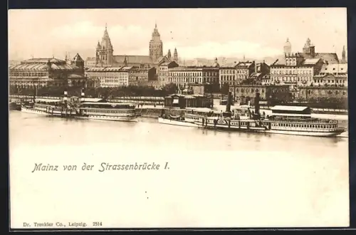 AK Mainz, Ansicht von der Strassenbrücke I, Rhein, Schiffe, Dom