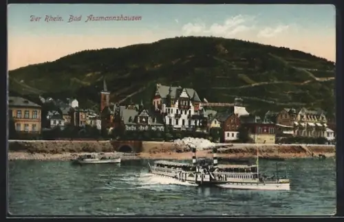 AK Bad Assmannshausen, Rheinansicht, Dampfschiff, Weinberge