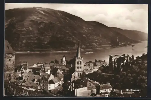 AK Bacharach, Stadtansicht mit Kirche und Burgruine am Rhein