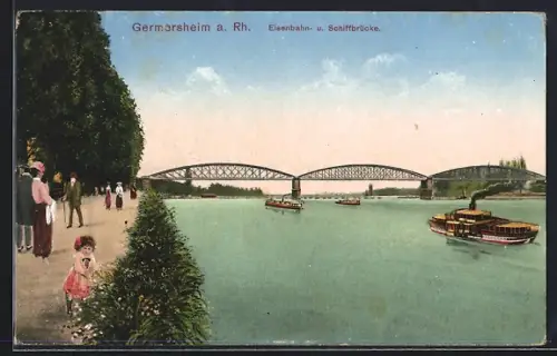 AK Germersheim a. Rh., Eisenbahn- u. Schiffbrücke mit Dampfschiffen