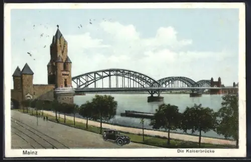 AK Mainz, Rheinpartie mit Kaiserbrücke