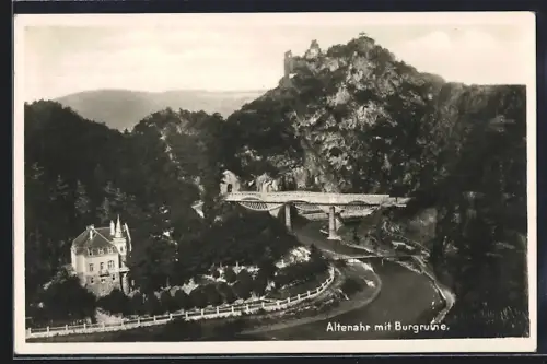 AK Altenahr, Blick über die Eisenbahnbrücke auf die Burgruine
