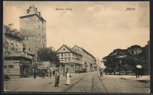 AK Mainz, Strasse mit Geschäften am EisernenTurm