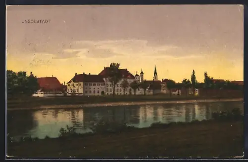 AK Ingolstadt, Uferpartie mit Blick zum Ort