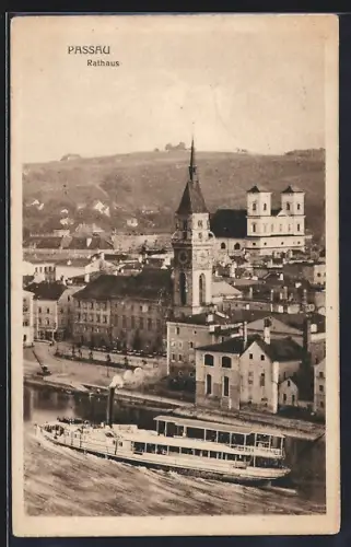 AK Passau, Ortsansicht mit Rathaus, Dampfer