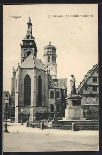 AK Stuttgart, Stiftskirche mit Schillerdenkmal