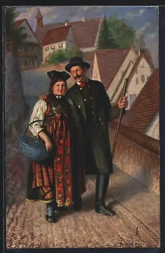 Künstler-AK Dachau, Paar in bayerischer Tracht