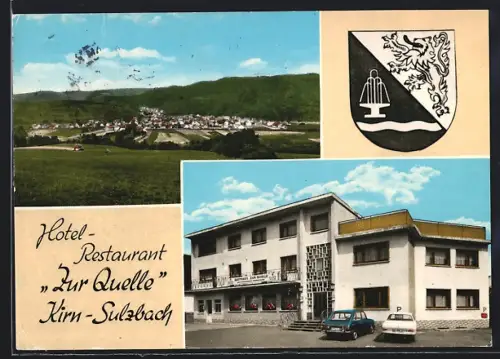 AK Kirn-Sulzbach / Nahe, Hotel-Restaurant Zur Quelle, Teilansicht, Wappen