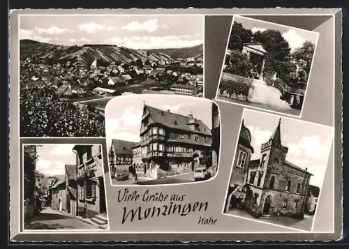 AK Monzingen, Panoramaansicht, Strassenpartie, Fachwerkhaus, Kirchpartie