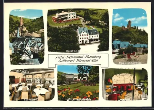 AK Monreal /Eifel, Hotel-Restaurant Löwenburg mit Park, Innenansichten Restaurant und Leseraum
