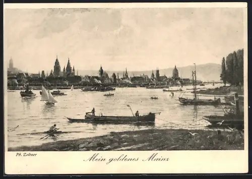 Künstler-AK Mainz, Uferpartie mit Kirche