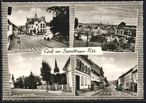 AK Sprendlingen /Rhh., Spielwarenhaus Roos, St. Johannerstrasse 41, Blick von der Festhalle Frankfurter Brauhaus, Rathaus
