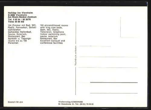 AK Viernheim, Hotel Holiday Inn, Innenansichten