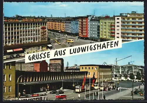 AK Ludwigshafen / Rhein, Strassenpartie im Zentrum, Strassenbahnen