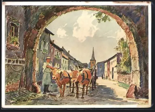 Künstler-AK Berus bei Saarlautern, Torbogen, Dorfstrasse, Kirche