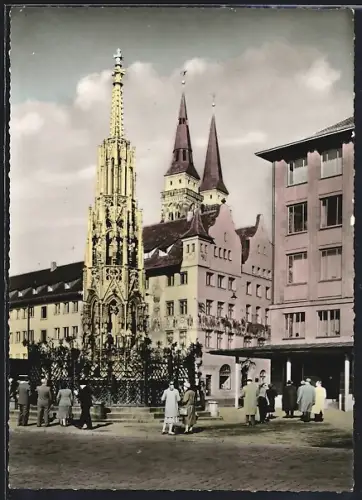 AK Nürnberg, Schöner Brunnen mit Blick zur Sebalduskirche