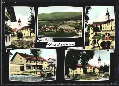 AK Drachselsried /Bayer. Wald, Pfarrkirche, Dorfpartie, Kinderspielplatz