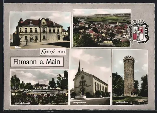 AK Eltmann a. Main, Rathaus, Stadtpfarrkirche, Wallburg-Ruine, Städt. Schwimmbad