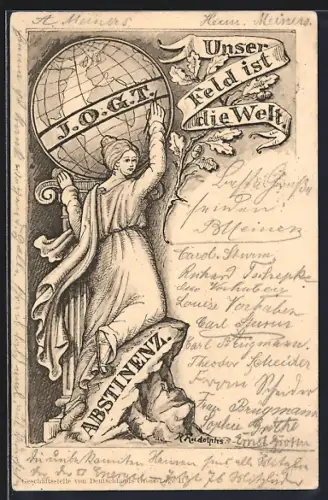 Lithographie Frau kniet auf einem Felsen under der Weltkugel, Unser Feld ist die Welt, Abstinenz