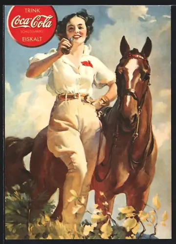 AK Reklame für Coca-Cola, Schöne Reiterin mit ihrem Pferd, Art Deco