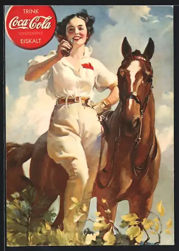 AK Reklame für Coca-Cola, Schöne Reiterin mit ihrem Pferd, Art Deco