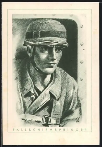 Künstler-AK Der Fallschirmjäger, Stahlhelm