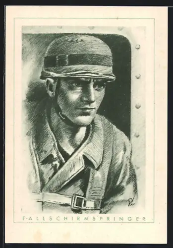 Künstler-AK Der Fallschirmjäger, Stahlhelm