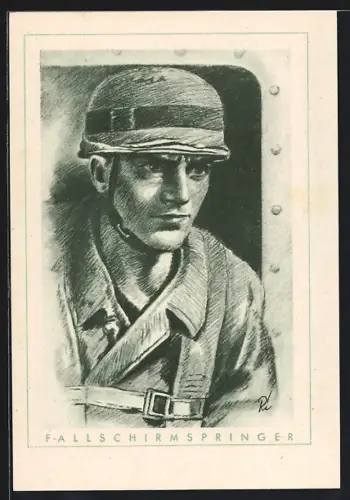 Künstler-AK Der Fallschirmjäger, Stahlhelm