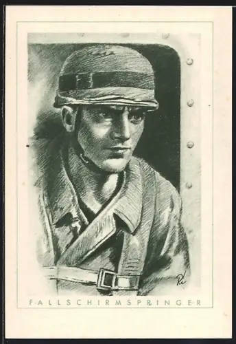 Künstler-AK Der Fallschirmjäger, Stahlhelm