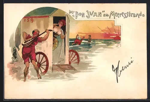 Lithographie Antisemitische Karikatur Der Don Juan am Meerestrande, Mann spielt Laute neben einer Umkleide