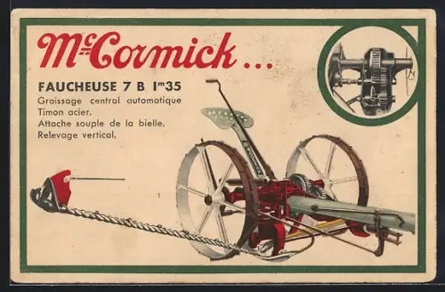 AK Reklame McCormick Faucheuse 7 B Im35, Graissage central automatique Timon acier