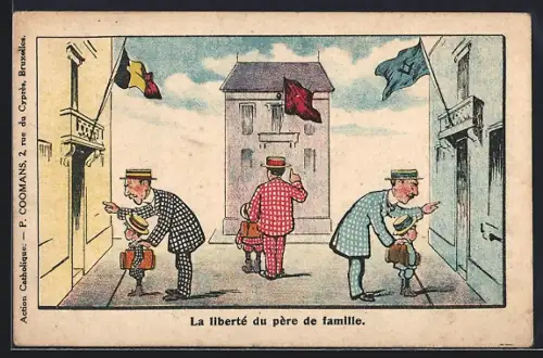 Künstler-AK Drei Väter mir ihren Kindern vor Gebäude mit verschiedenen Flaggen, La liberté du père de famille