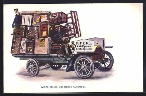 Künstler-AK Wien, R. Perl`s erster Speditions-Lastkraftwagen, Makartgasse 3