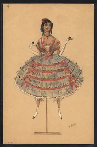 Künstler-AK sign. Bakst: Puppe in mit Schleifen verziertem Kleid, Rotes Kreuz Russland