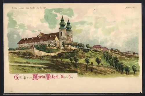 Lithographie Maria-Taferl, Ansicht der Wallfahrtskirche, Gnadenbild, Halt gegen das Licht