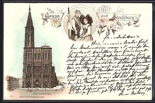 Vorläufer-Lithographie Strassburg i. E., 1895, Münster, Frauen in Tracht