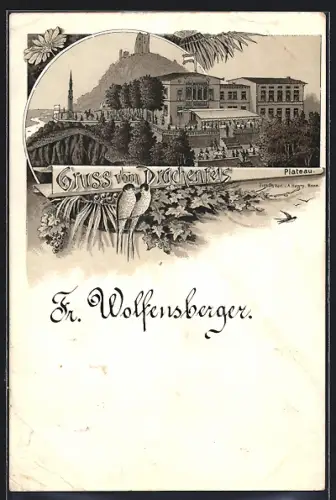 Vorläufer-Lithographie Drachenfels, 1891, Gasthaus auf dem Plateau