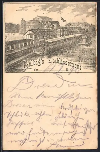 Vorläufer-Lithographie Dresden, 1894, Helbigs Etablissement, Dampfer