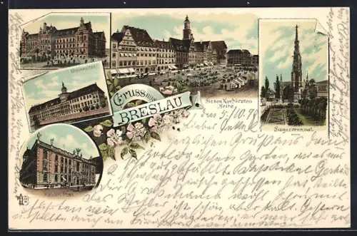 Lithographie Breslau, Universität, Kaiserl. Post, Siegesdenkmal