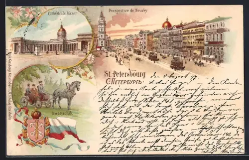 Lithographie St. Petersbourg, Perspective de Nevsky, Iswostschik