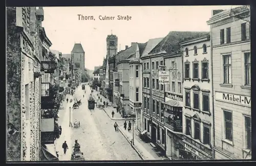 AK Thorn, Culmer-Strasse mit Pferdebahnen und Möbelgeschäft