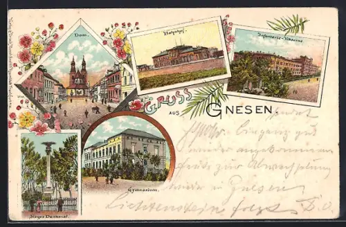 Lithographie Gnesen, Bahnhof, Infanterie-Kaserne, Siegesdenkmal, Dom, Gymnasium